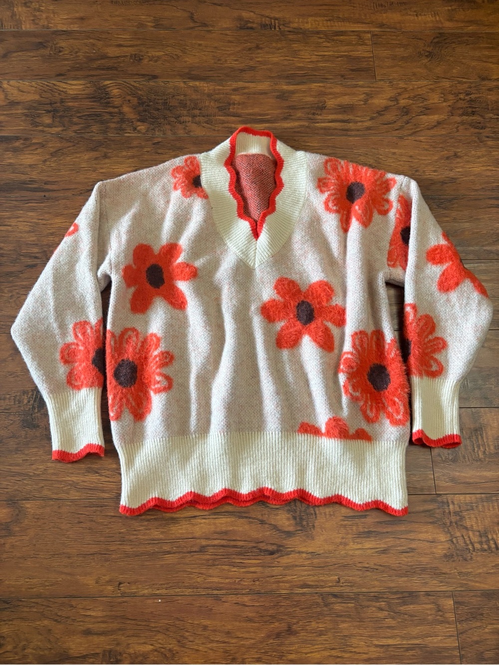 SHEIN Cream V-Neck Sweater with Orange Floral Accents